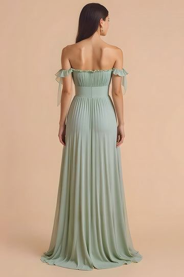 Sage Green Off the Shoulder Chiffon Pleated A-Line Long Bridesmaid Dress